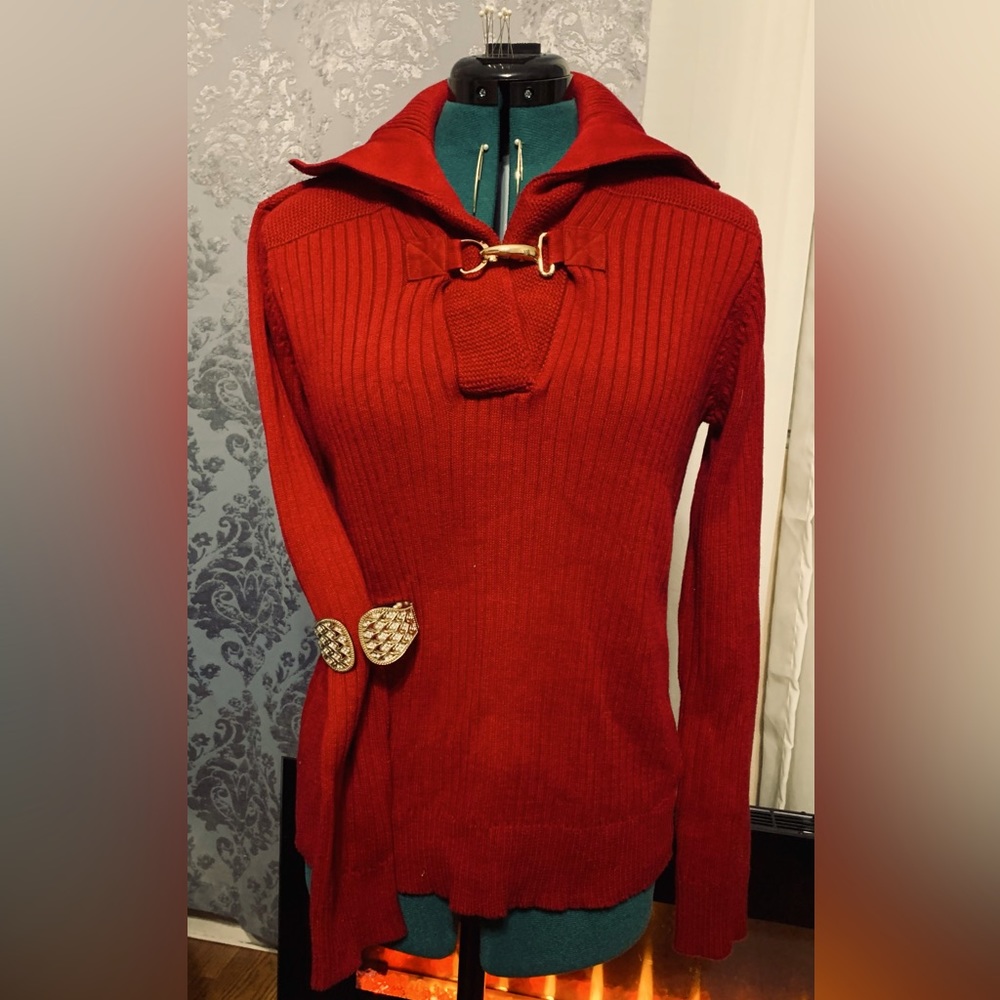 Ralph Lauren beautiful red sweater, size Large with gold buckle accent.